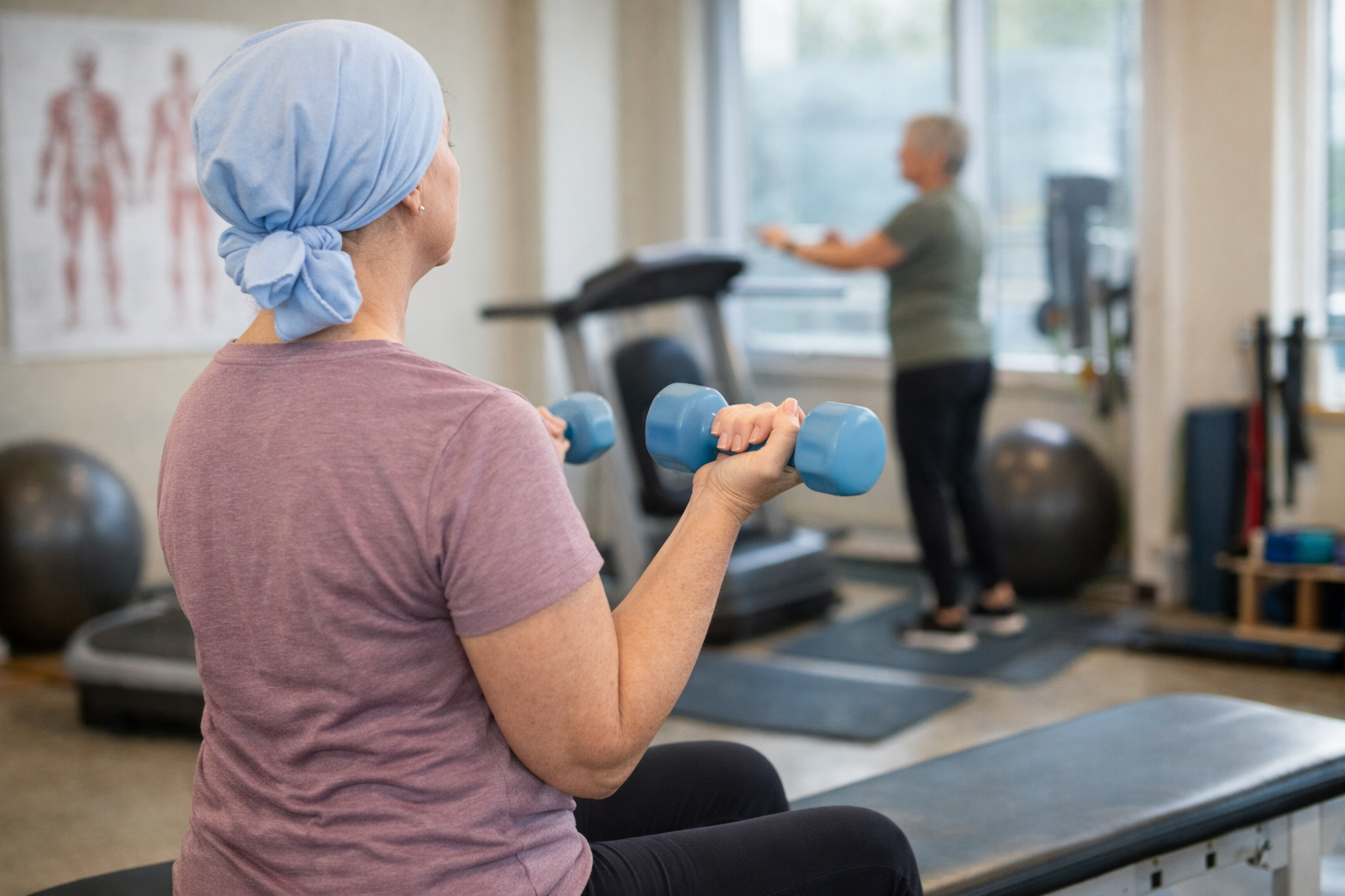 Cancer patient exercising with dumbbells
